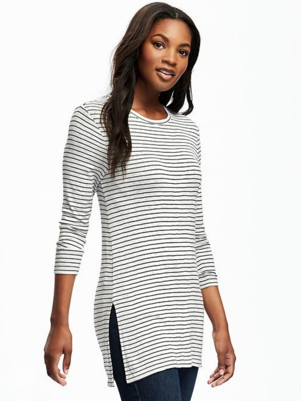 Old Navy Luxe Striped Split Side Tunic Black White Stretchy Top Medium